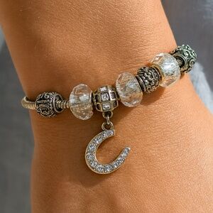 Letter C Charm Bracelet Silvertone Snake Chain Various Beads 7”